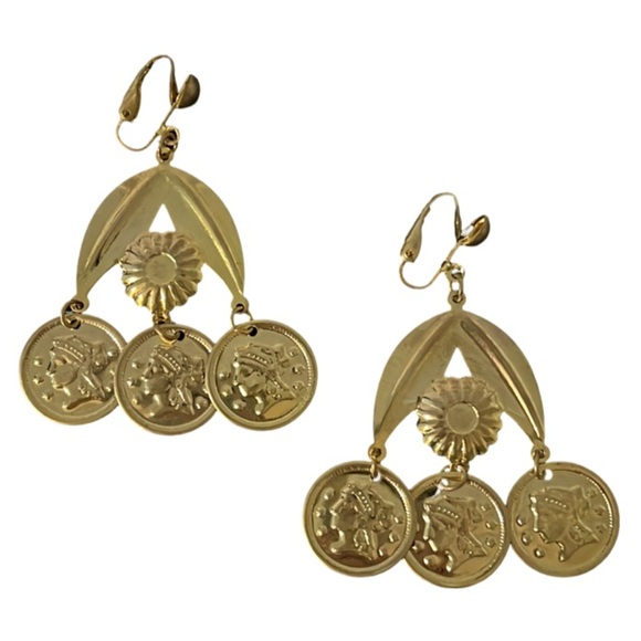 Vintage Etruscan Gold Ancient Coin Chandelier Drop Clip Ons Earrings - Picture 3 of 10